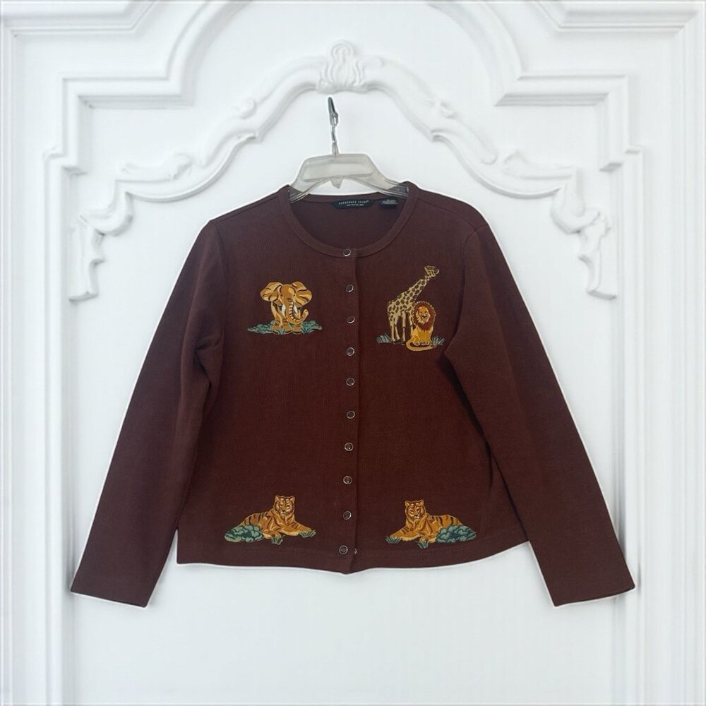 Reference Point Animal Cardigan Sweater Giraffe Lion Tiger Elephant Sz M Safari
